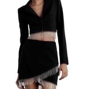 HOUSE OF HARLOW 1960 RHINESTONE FRINGE BLAZER JACKET & MINI SKIRT SET NWT XS